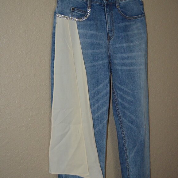 Sz 4 Hellessy Silk Cream Tie Sash Jewel Detail Denim Blue Jeans - Picture 4 of 11